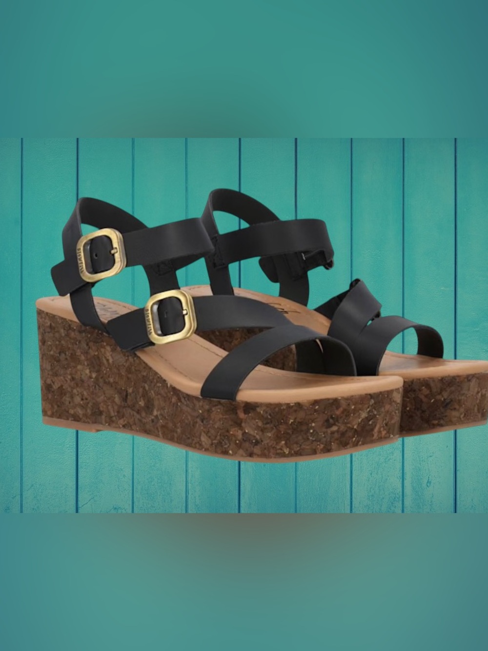 *New* Blowfish Malibu Black Cork Platform Wedge Sandals with Gold Buckles